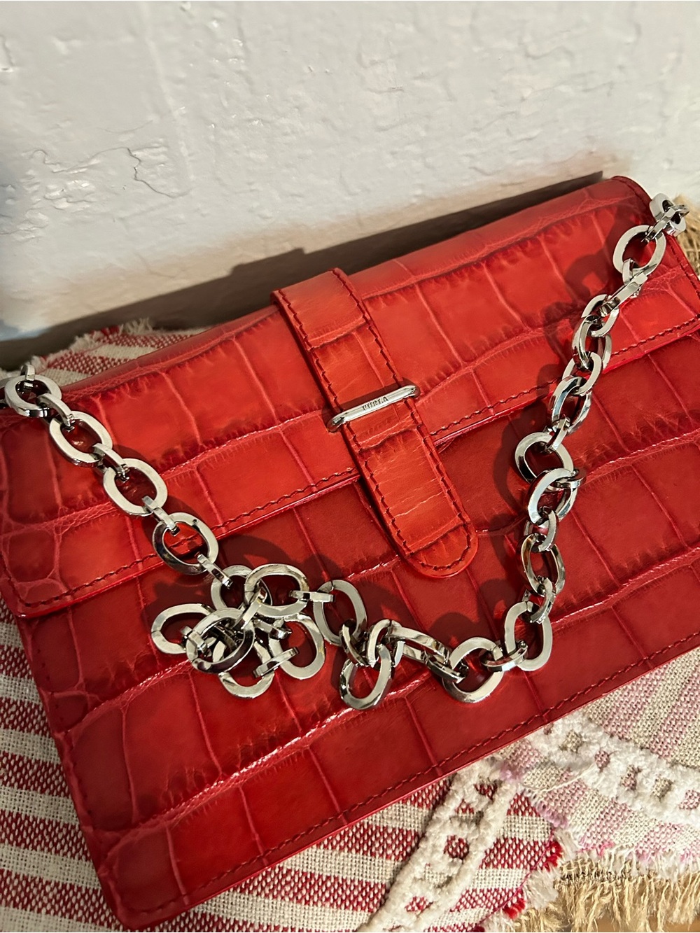Furla Red Croc Embossed Leather Shoulder Bag